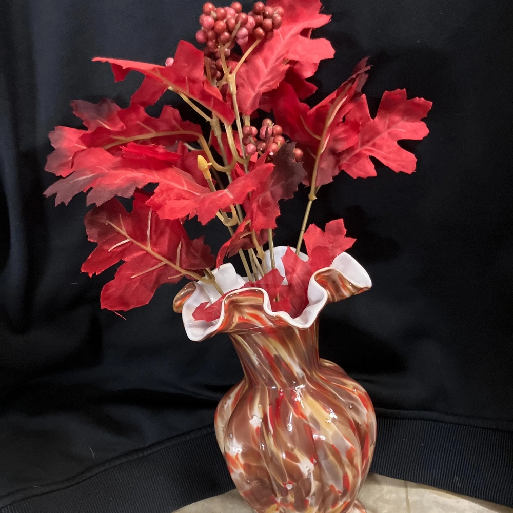 Fenton Red and Brown Glass Art Vase with Twisted Design